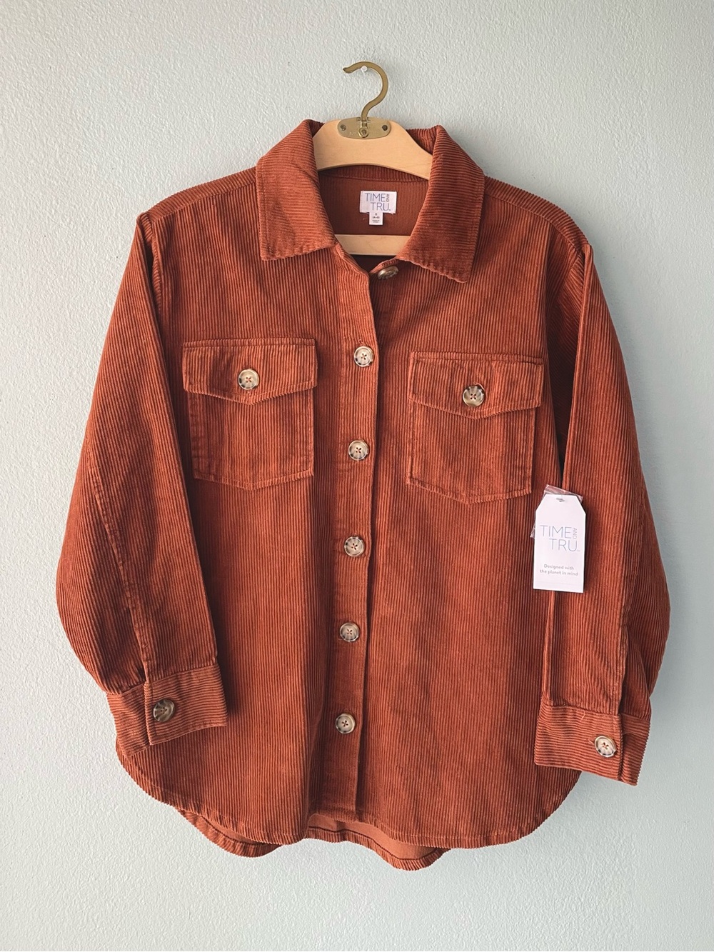 Time and Tru | Burnt Orange Amber Corduroy Button Down Shacket Top